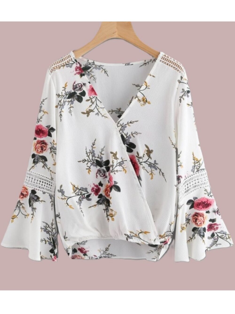 NWOT Wrapped Pink Floral Blouse 3/4 Length Bell Sleeves Size Large